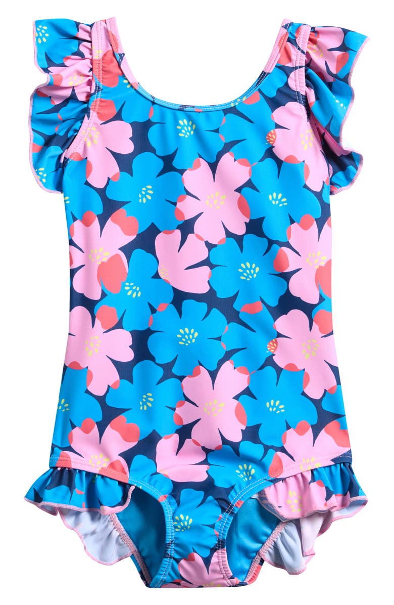 Boardies Kids' Sully Floral Ruffle One-Piece Swimsuit, Main, color, Blue Multi