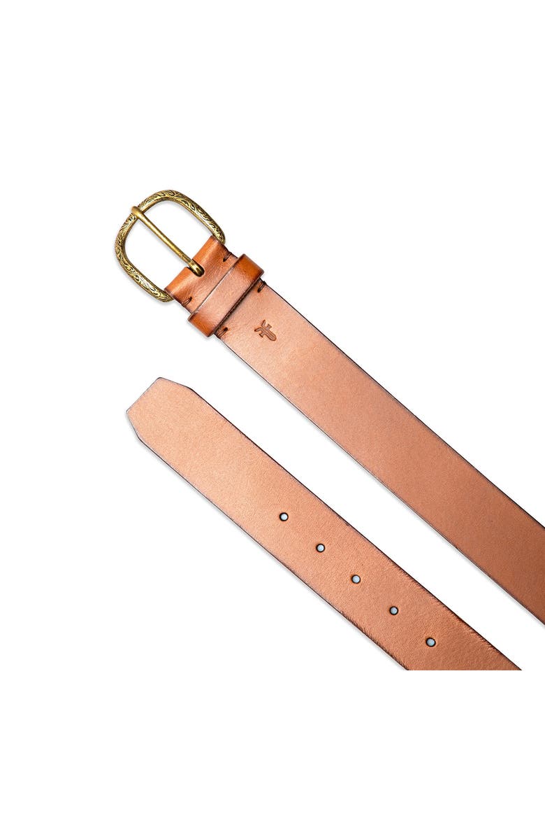 Frye Burnished Leather Belt with Engraved Buckle, Alternate, color,