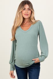 PinkBlush Ribbed Knit V-Neck Button Cuff Top