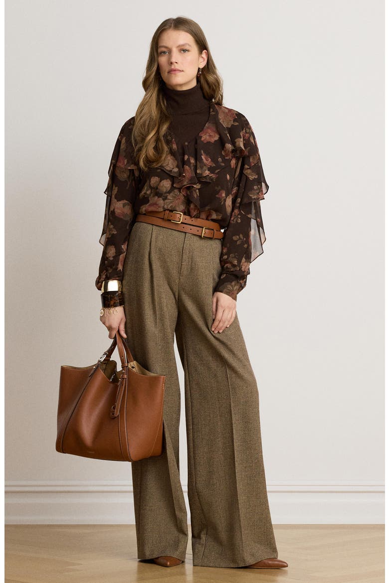 Floral Ruffle Trim Chiffon Top, Alternate, color, BROWN