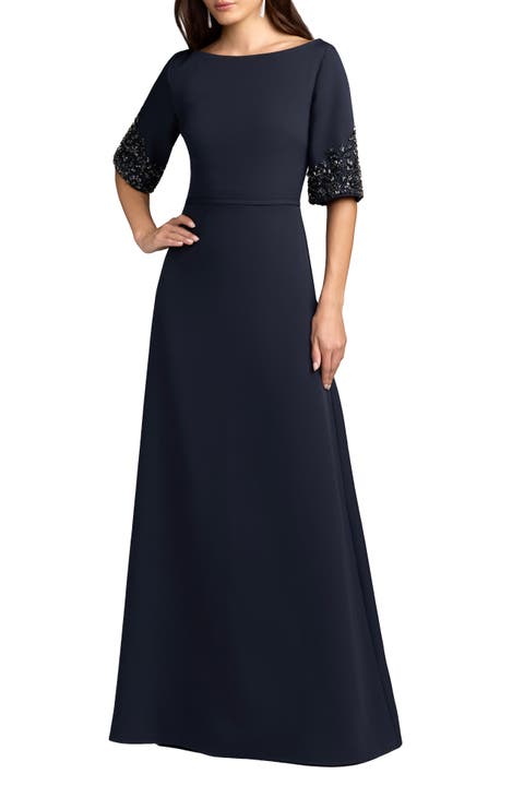 Women's Embellished Sleeve Crepe A-Line Gown