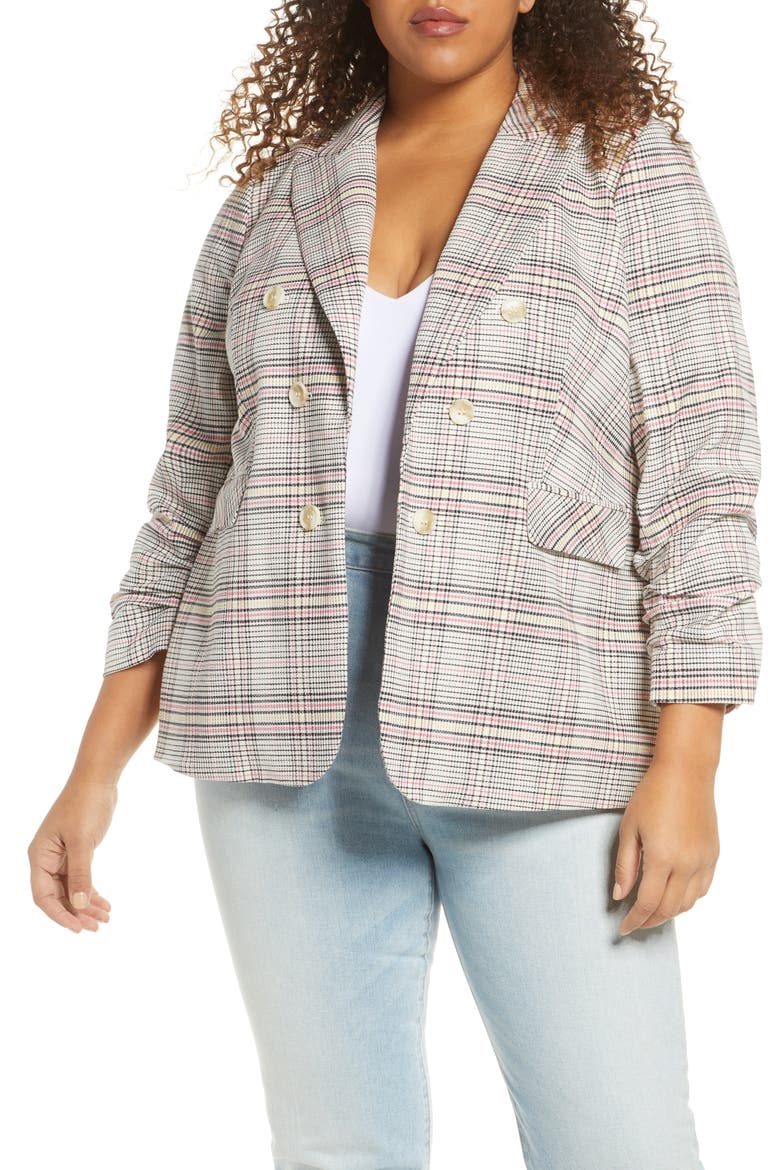 Cassia Ruched Sleeve Plaid Blazer, Main, color, CHERRY BLOSSOM