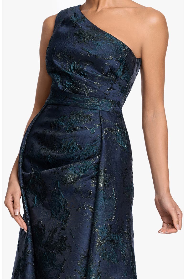 One-Shoulder Jacquard Gown, Alternate, color, NAVY/ GREEN