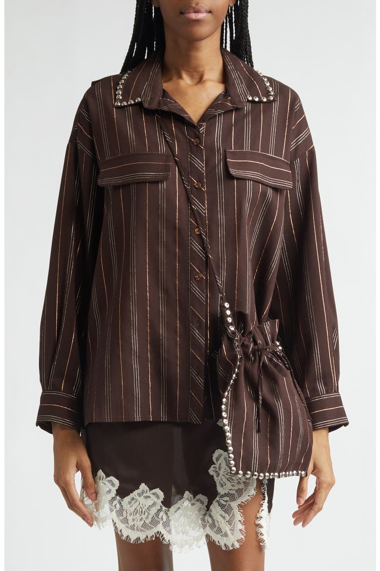 Monina Metallic Stripe Button-Up Shirt with Removable Crossbody Pouch, Main, color, DARK BROWN