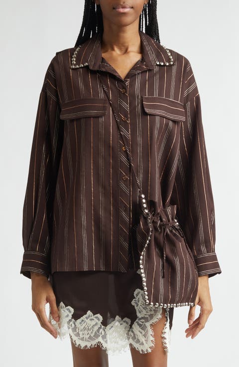 Monina Metallic Stripe Button-Up Shirt with Removable Crossbody Pouch