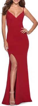 La Femme Long Jersey Dress with Cut Out Open Back