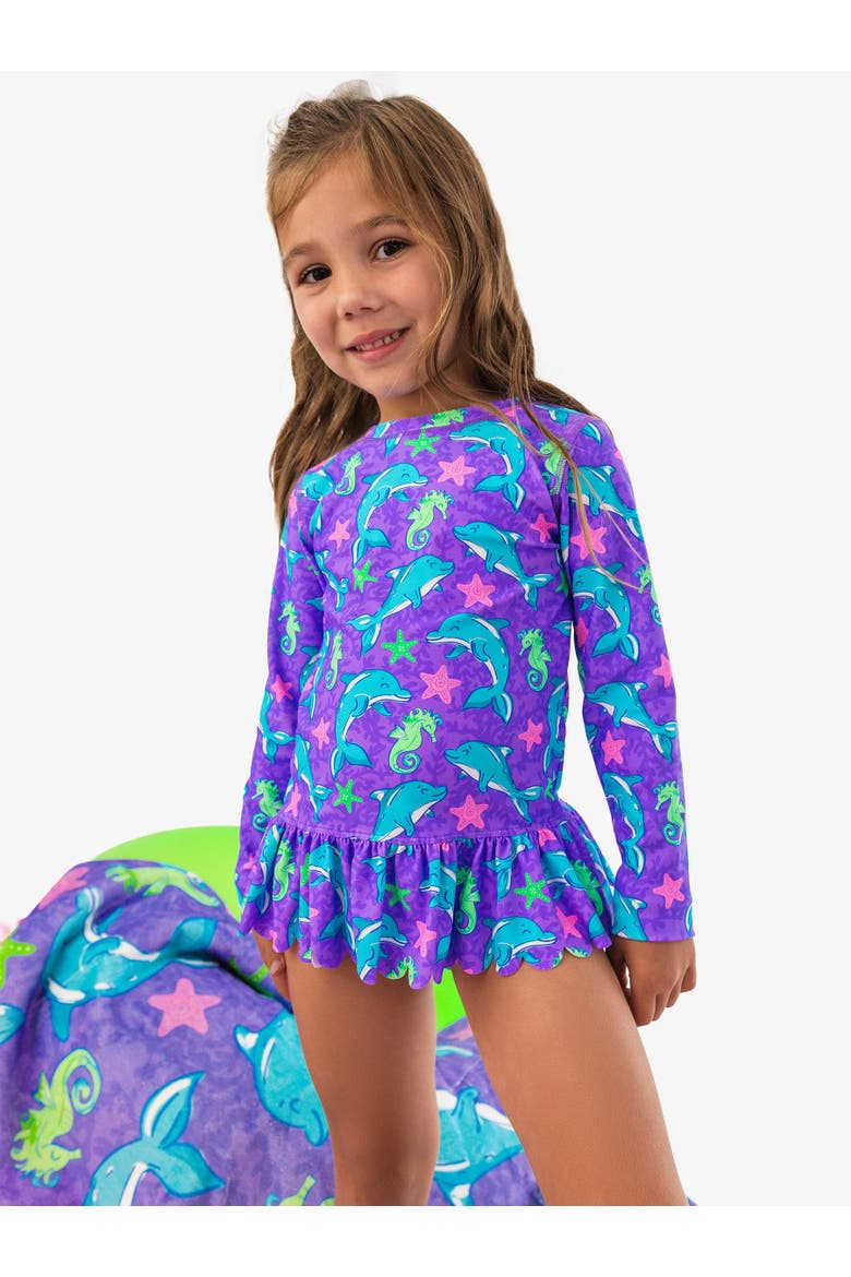 Girls UPF50+ Sun Protected Scallop Hem Long Sleeve Rash Guard Bikini, Alternate, color, Neon Fin Friends