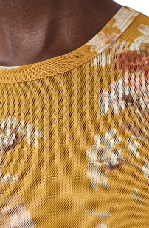 Allsaints Womens Ellie Round-neck Floral-print Stretch-mesh T-shirt Armada Deep Ye In Yellow