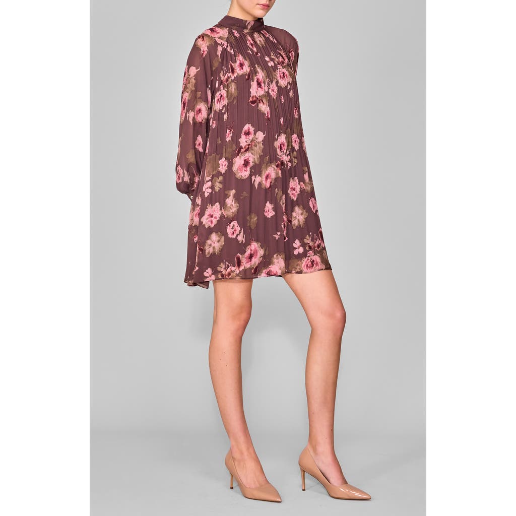 Melloday Floral Print Long Sleeve Minidress In Burgundy