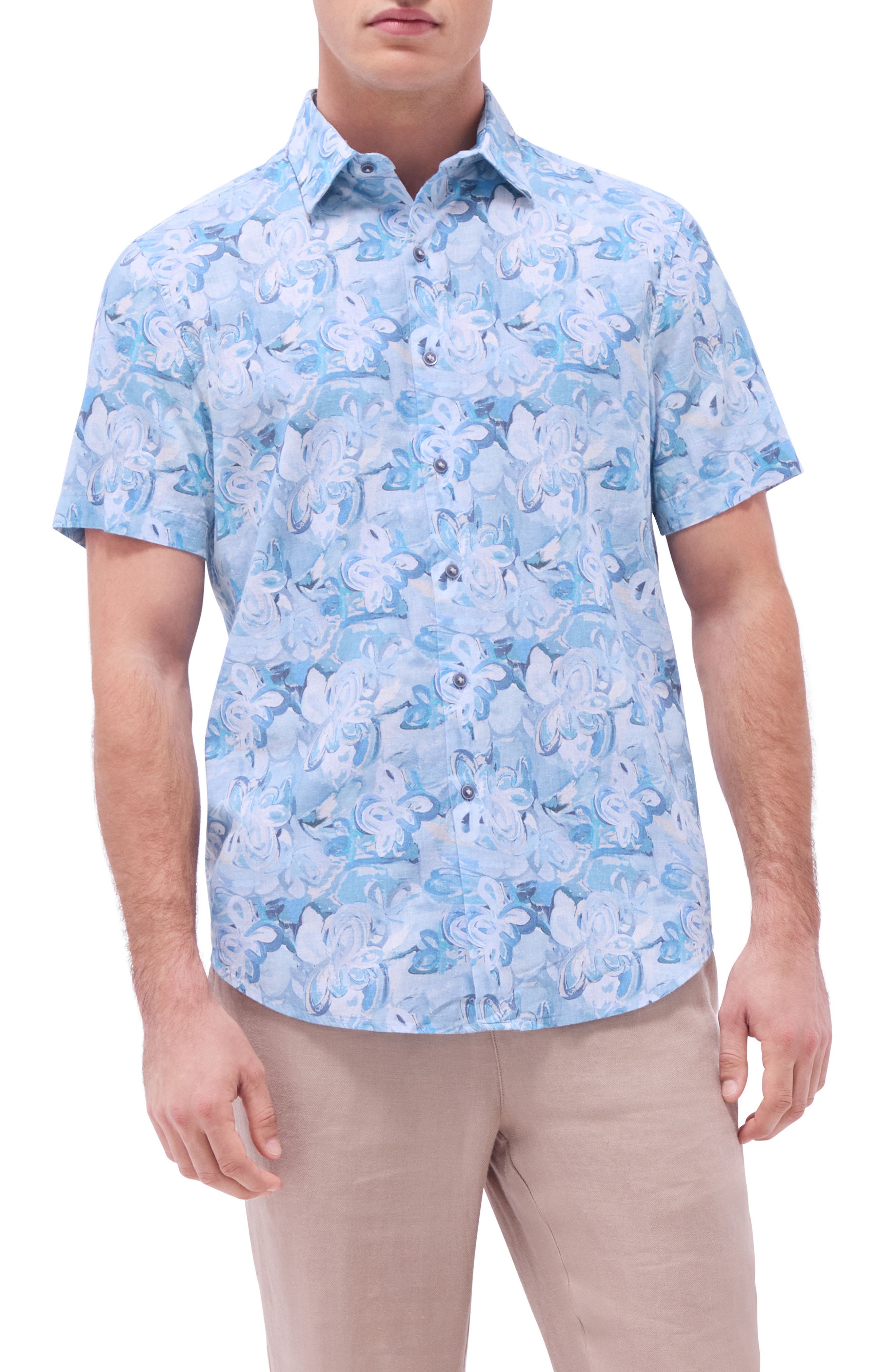 Bugatchi Orson Shaped Fit Cotton & Linen Camp Shirt