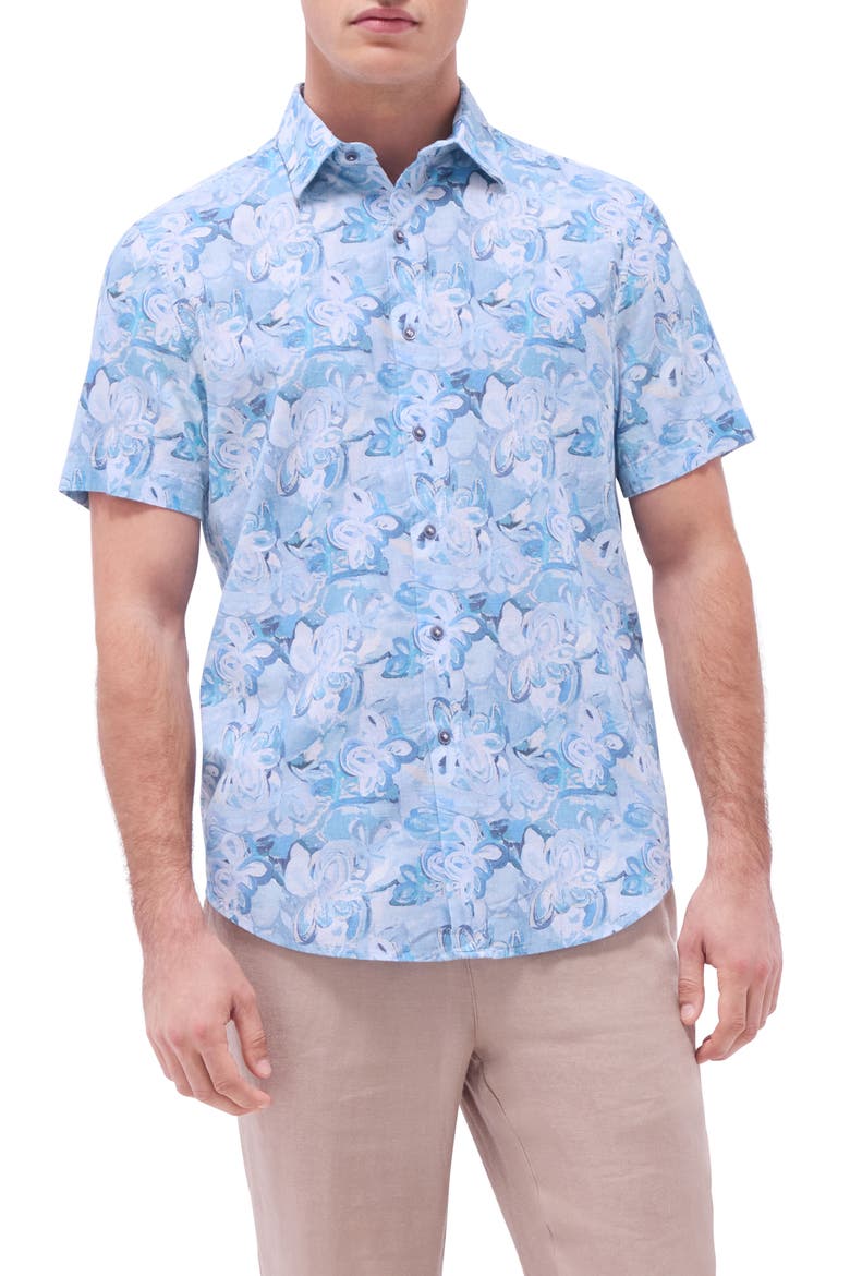 Orson Shaped Fit Cotton & Linen Camp Shirt, Main, color, TEAL