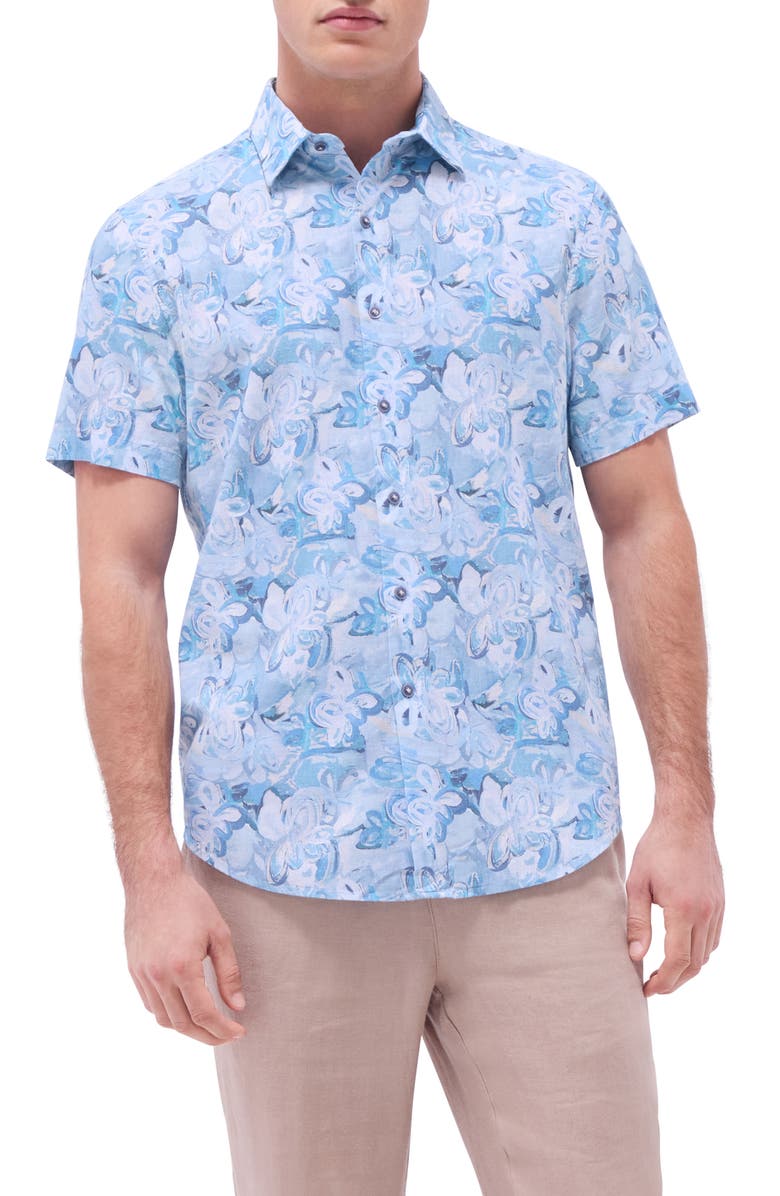 Bugatchi Orson Shaped Fit Cotton & Linen Camp Shirt, Main, color, Teal