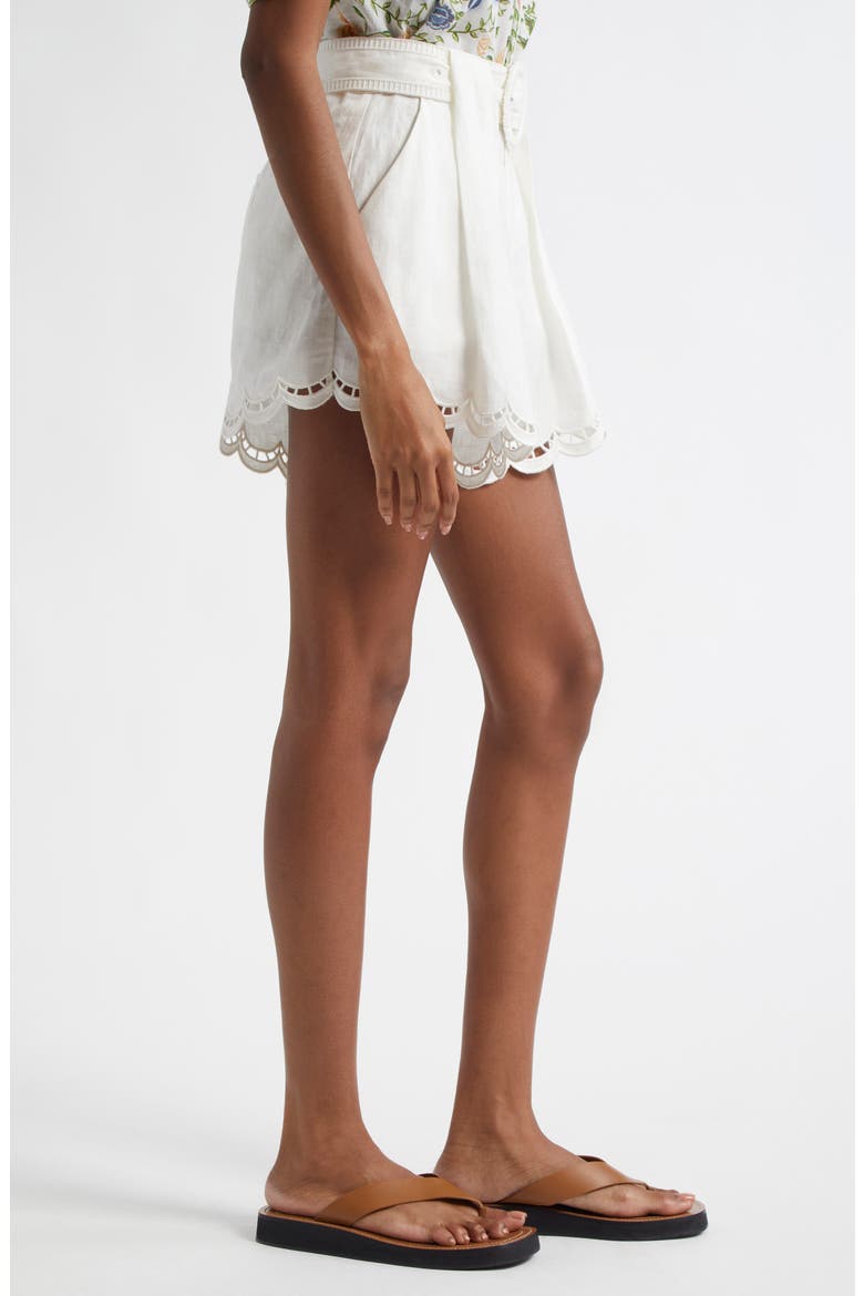 Ruchelieu Embroidered Scalloped Linen Blend Shorts, Alternate, color, WHITE