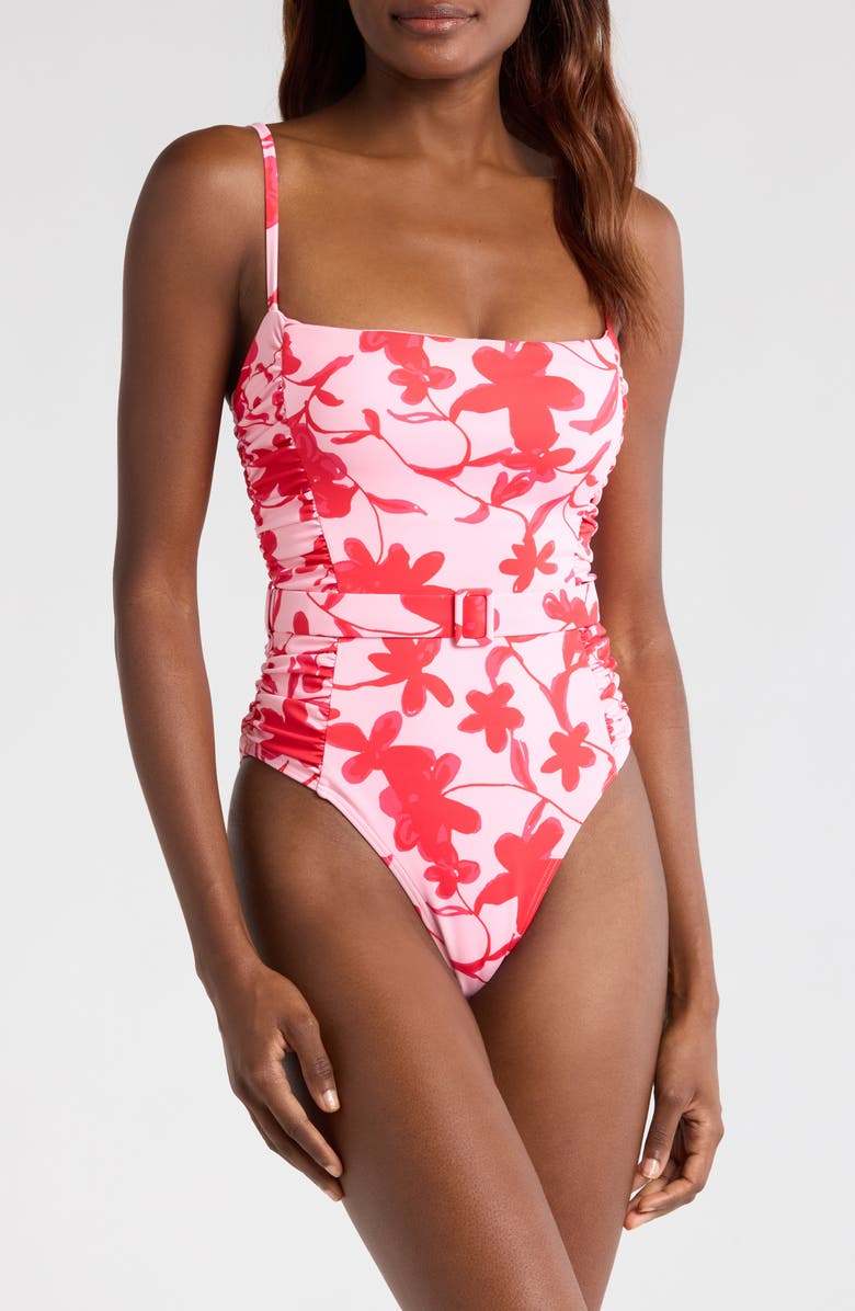 Hutch Ruched Belted One-Piece Swimsuit, Main, color, Lipstick Floral