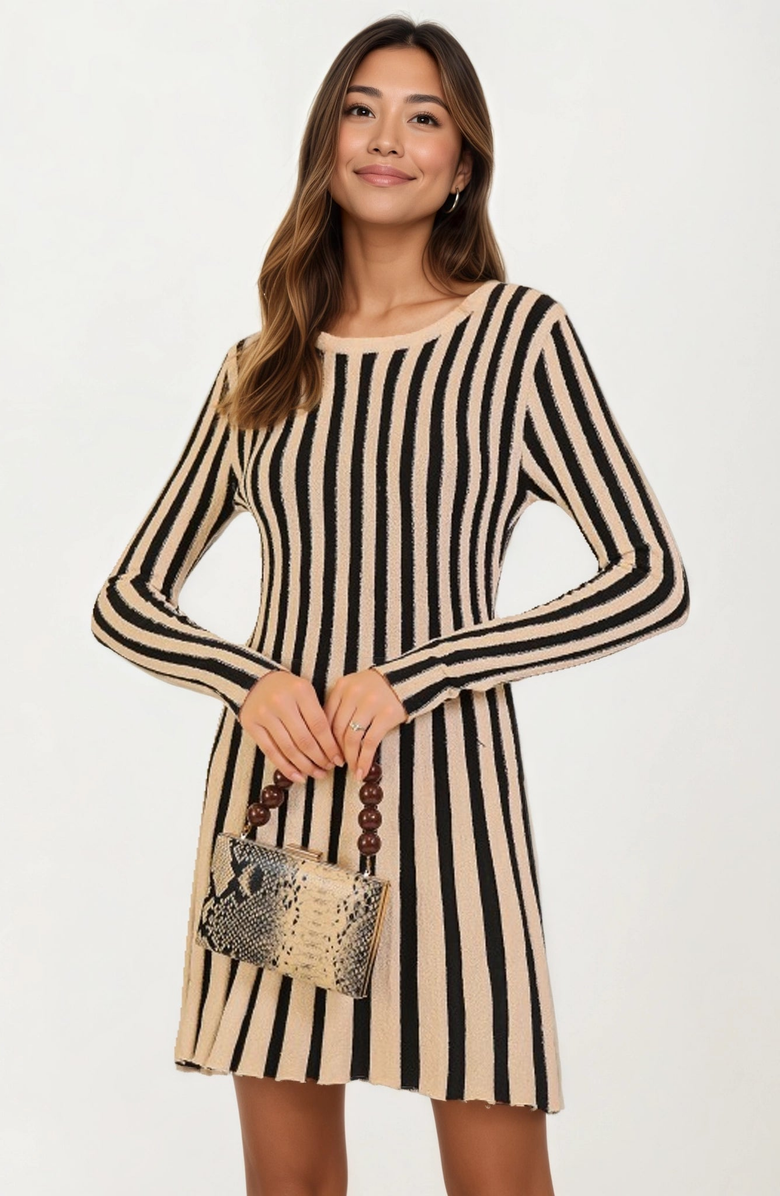 Knit and Lounge Striped Long Sleeve Knit Mini Dress, Main, color, 