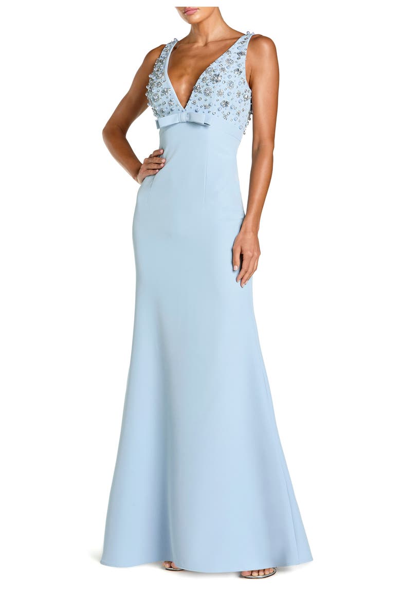 Mac Duggal Women
s Crepe Sleeveless Beaded V Neck Gown With Bow, Main, color, Powder Blue