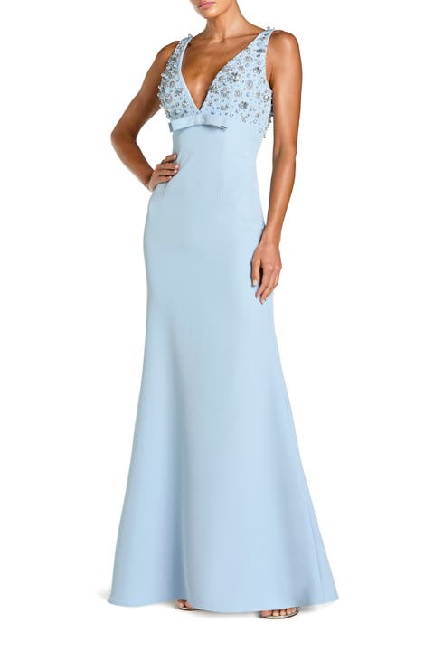 Women
s Crepe Sleeveless Beaded V Neck Gown With Bow