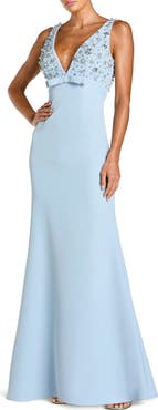 Mac Duggal Women's Crepe Sleeveless Beaded V Neck Gown With Bow