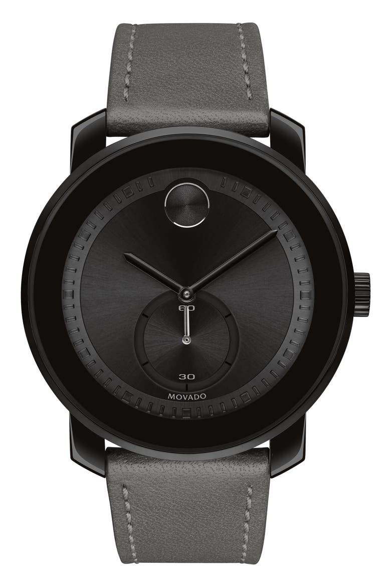 Bold Leather Strap Sport Watch, 44.5mm, Main, color, BLACK
