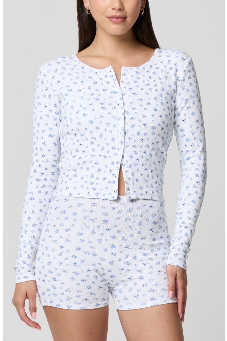 Ditsy Floral Button-Up Long Sleeve Crop Top, Main, color, PETIT JARDIN WHITE/ BLUE