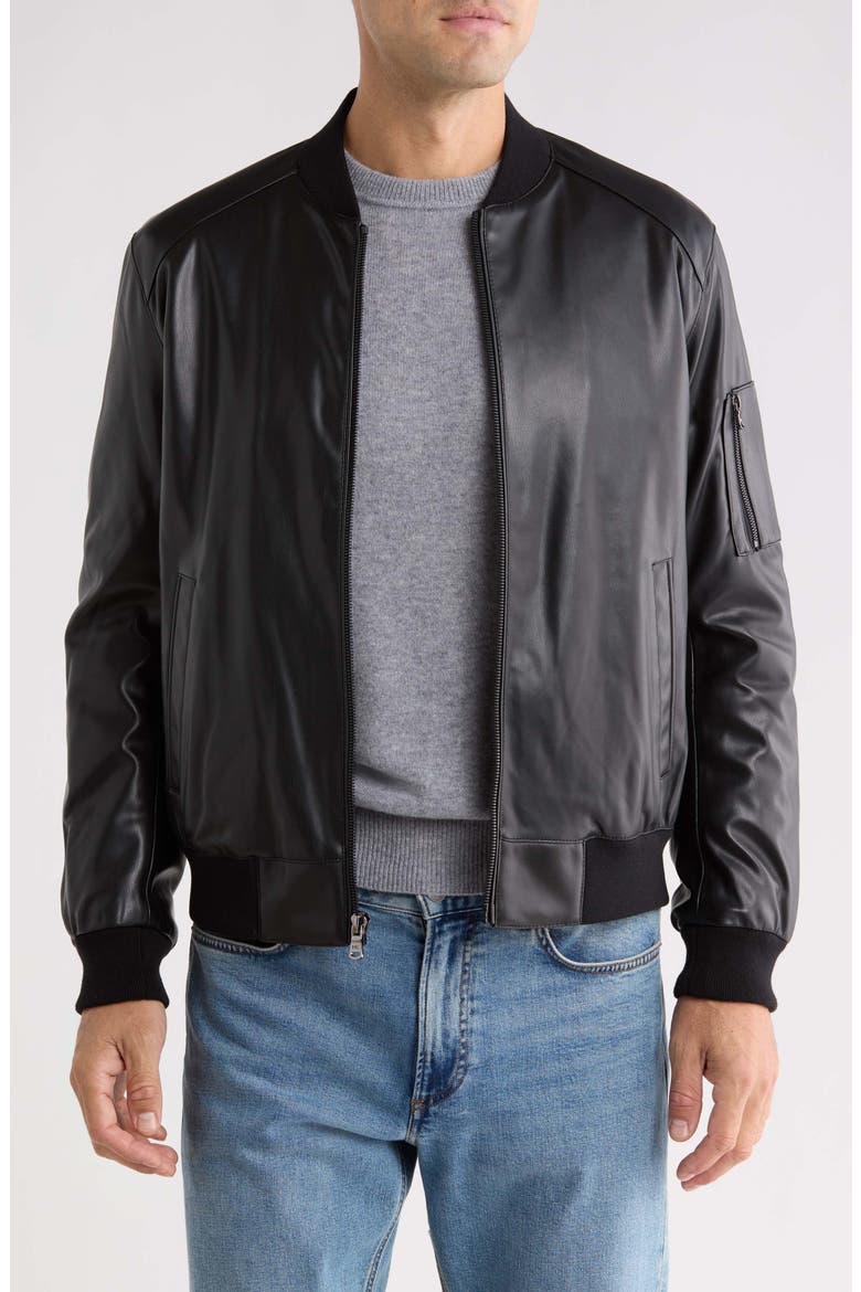 Faux Leather Bomber Jacket, Main, color, BLACK