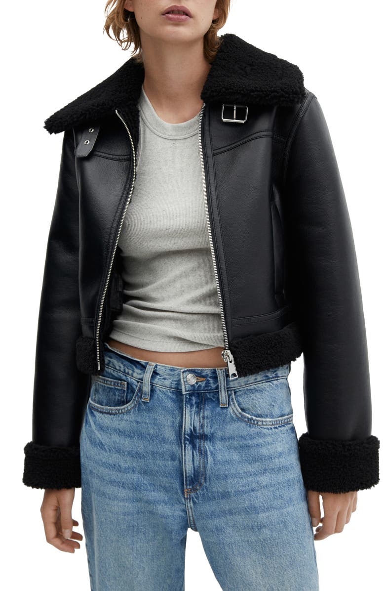 MANGO Faux Shearling Trim Moto Jacket, Main, color, 