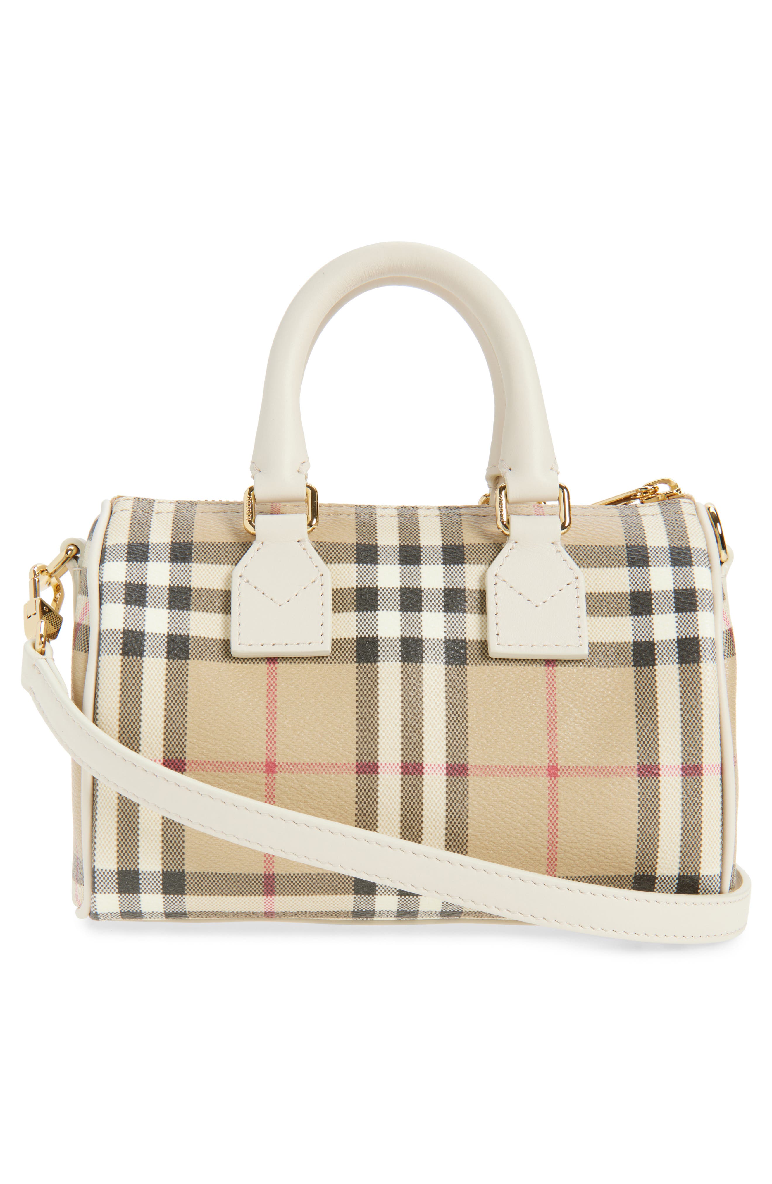 Burberry Mini Leather Bowling Bag, Alternate, color, Vintage Check/ Soap