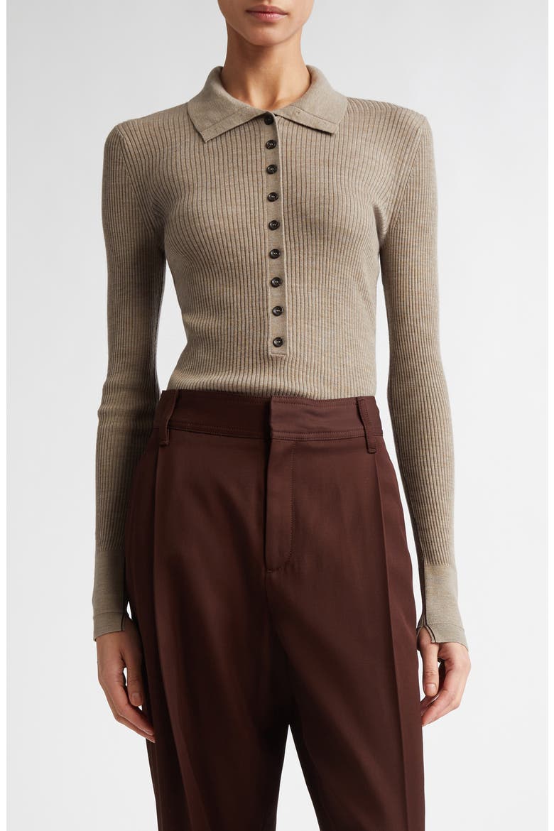 Tiny Button Long Sleeve Merino Wool Polo, Main, color, STONE