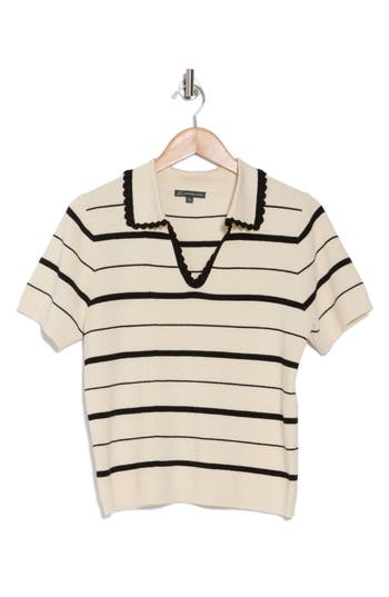 Adrianna Papell Stripe Johnny Collar Polo Sweater In Cream/black