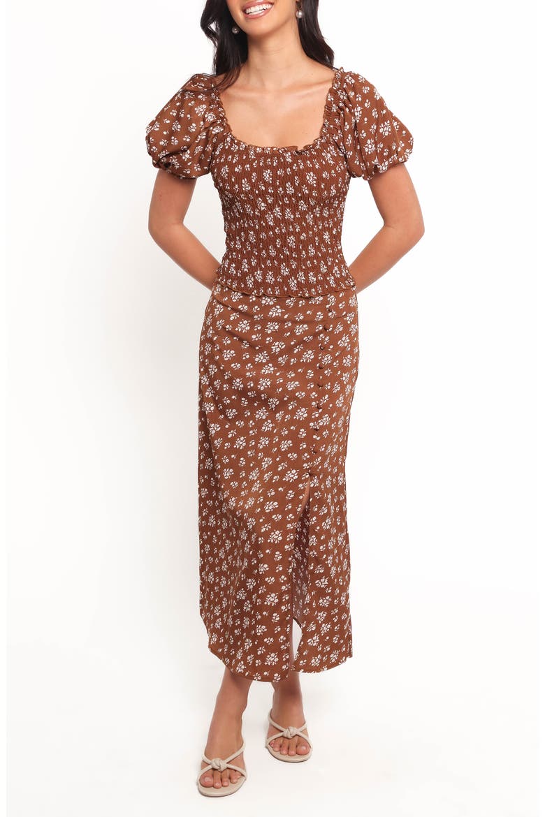 Zola Smocked Shirt & Maxi Skirt Set, Main, color, BROWN DITSY FLORAL