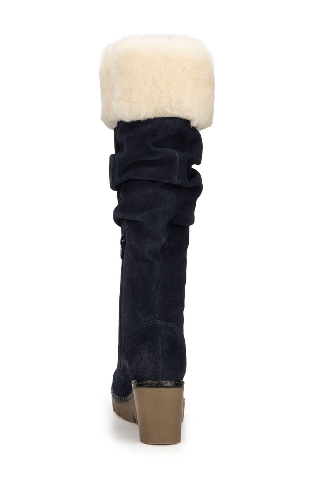 Arabella Faux Fur Trimmed Wedge Boot, Alternate, color, NAVY