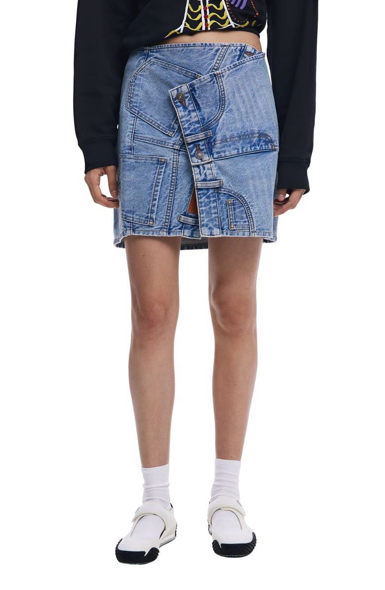 Desigual Collage Denim Wrap Miniskirt, Main, color, Medium Blue