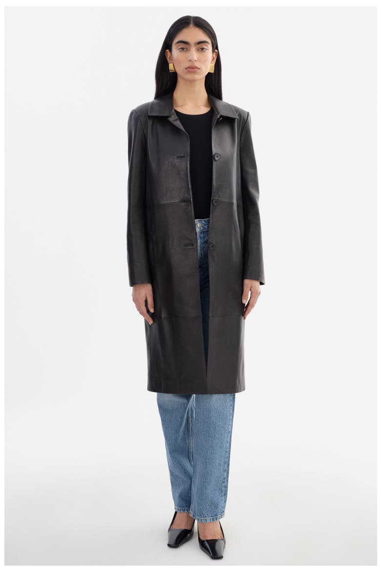 BELEN | Longline Leather Coat, Main, color, Black