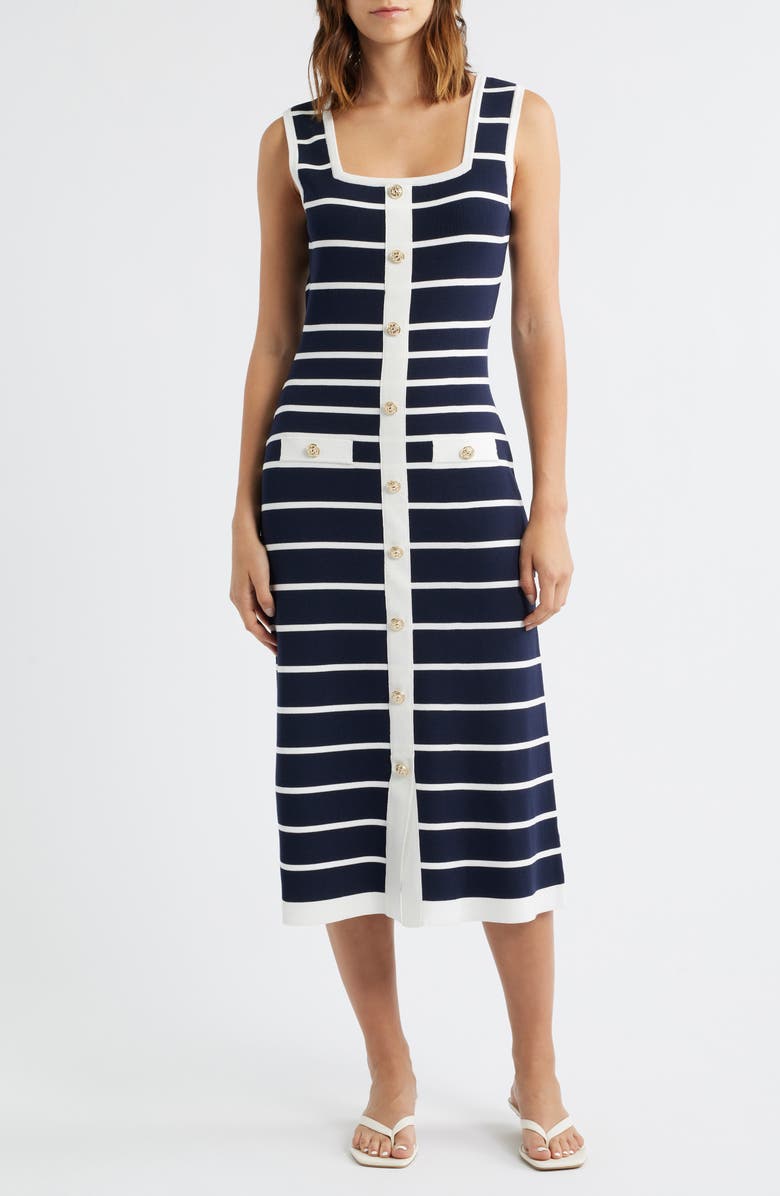ZOE AND CLAIRE Stripe Button-Up Sweater Dress, Main, color, Navy/ White