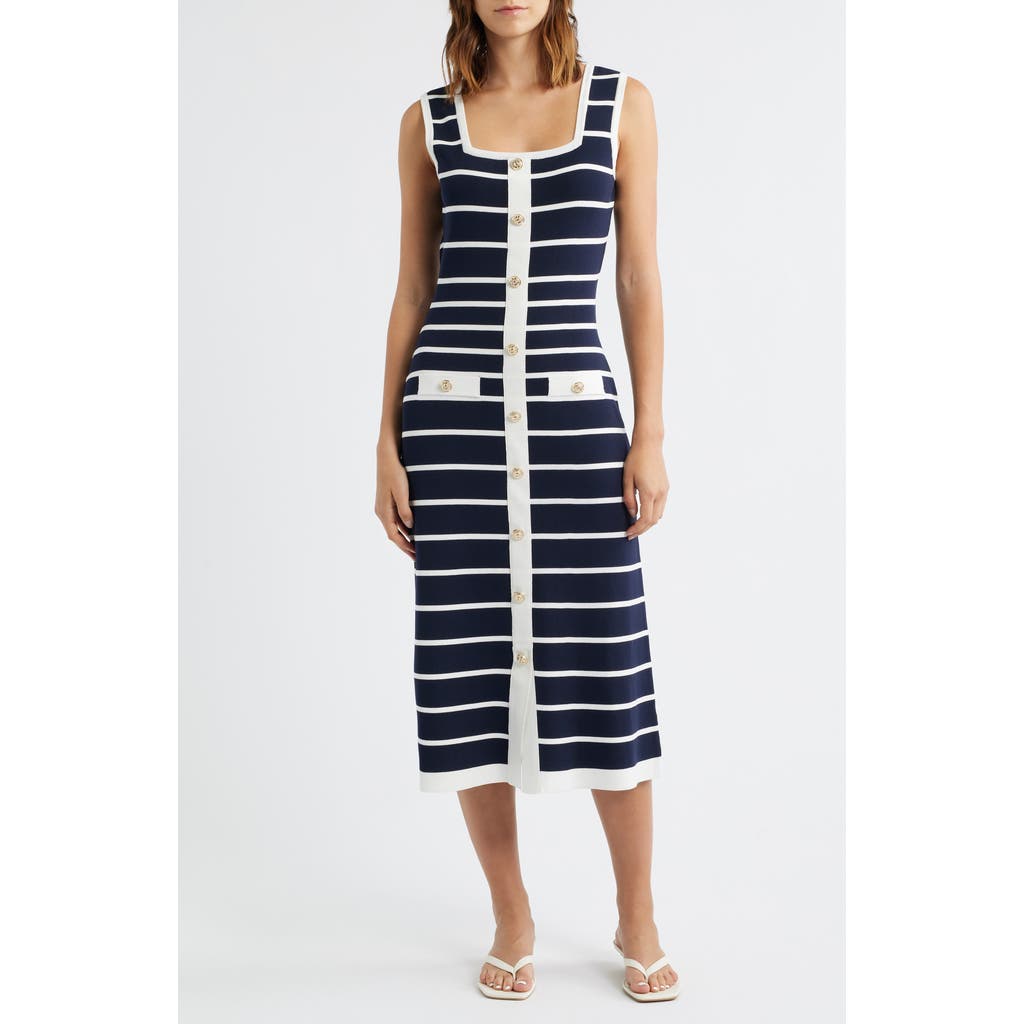 Zoe And Claire Stripe Button-up Sweater Dress In Blue