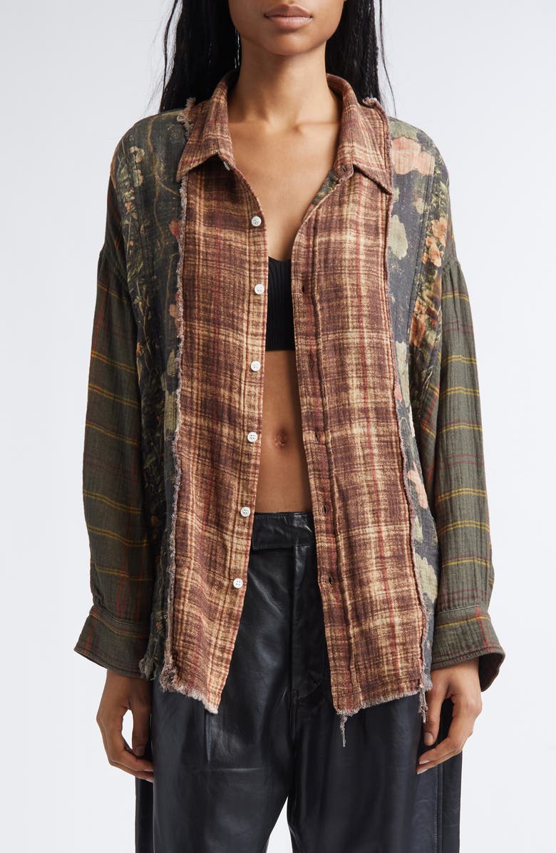R13 Shredded Seam Drop Neck Plaid Flannel Button-Up Shirt, Main, color, Multi-Print Brown