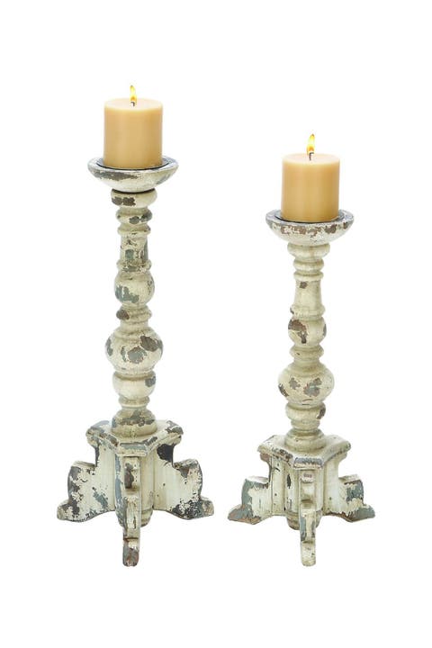 White Wood Tall Candle Holder with Distressed Accents - Set of 2