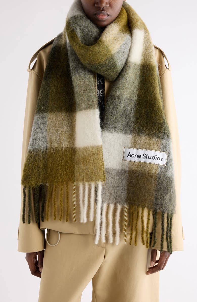 Acne Studios Vally Plaid Alpaca, Wool & Mohair Blend Scarf, Alternate, color, Taupe/ Green/ Black