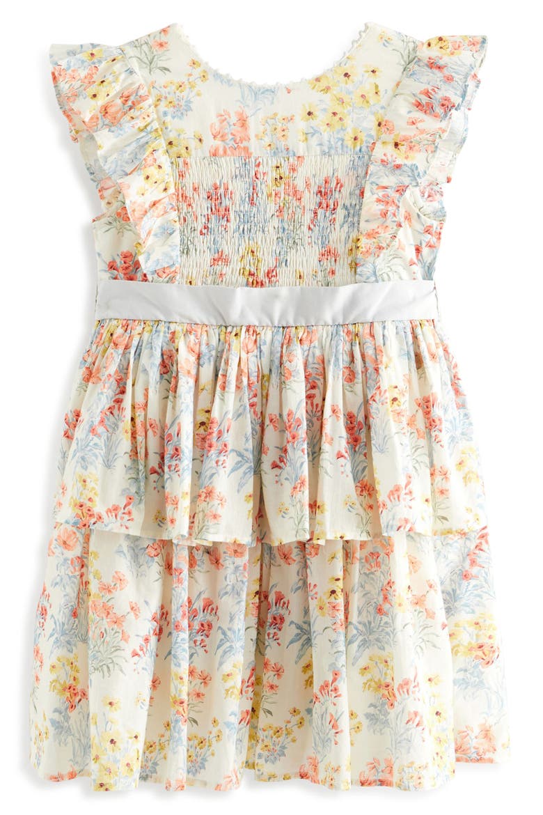 Kids' Smocked Flutter Sleeve Tiered Cotton Dress, Main, color, IVORY/ CORAL FLORAL
