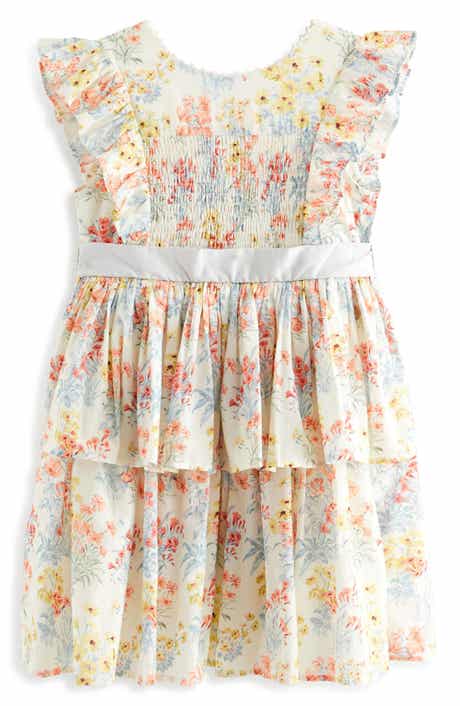 Kids' Smocked Flutter Sleeve Tiered Cotton Dress