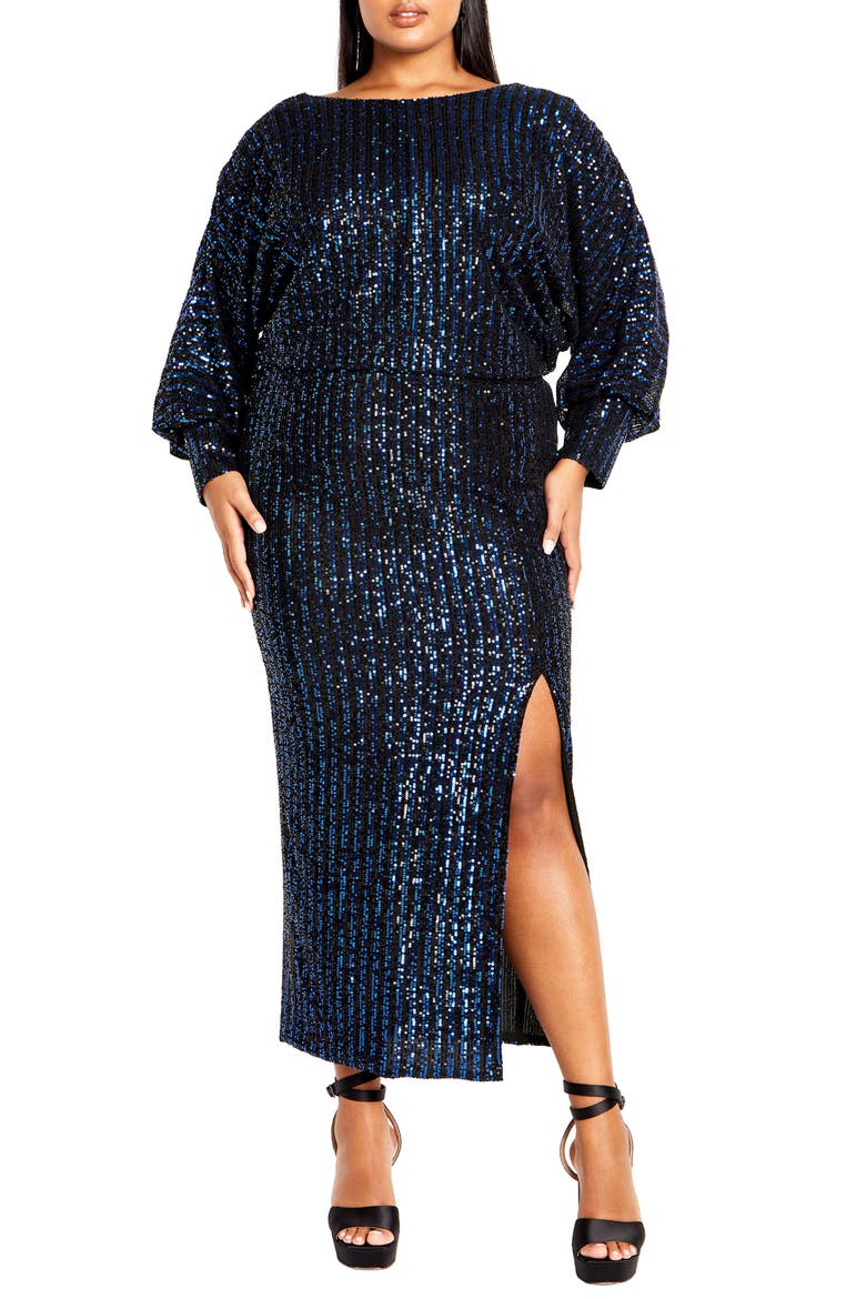 Galilea Sequin Long Sleeve Gown, Main, color, NAVY