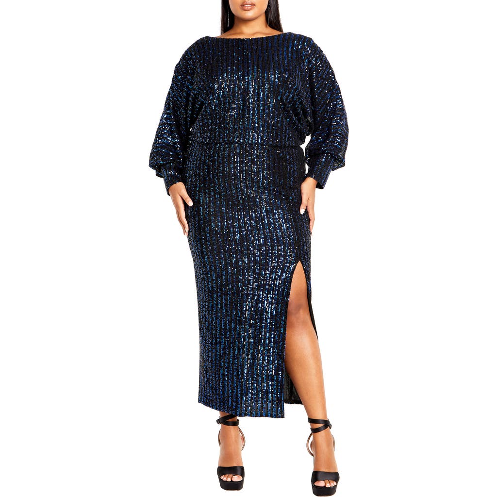 City Chic Galilea Sequin Long Sleeve Gown In Blue