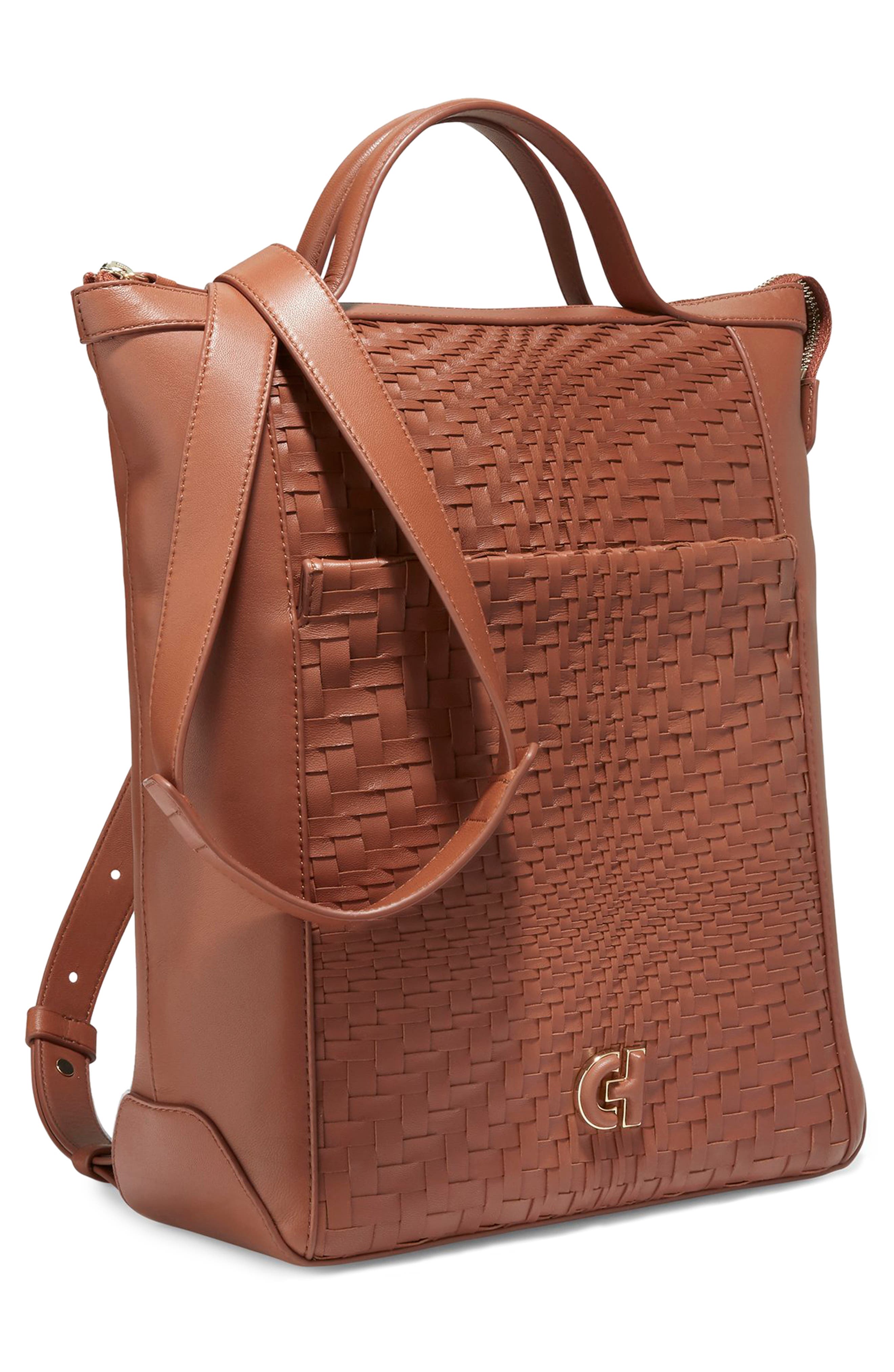 Cole Haan Grand Ambition Small Convertible Leather Backpack, Alternate, color, British Tan/ Woven