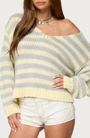 EDIKTED Eugenie Stripe Oversize Off the Shoulder Sweater