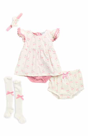 Nicole Miller Ruffled Cherry Print Dress, Bloomers, Socks & Headband Set