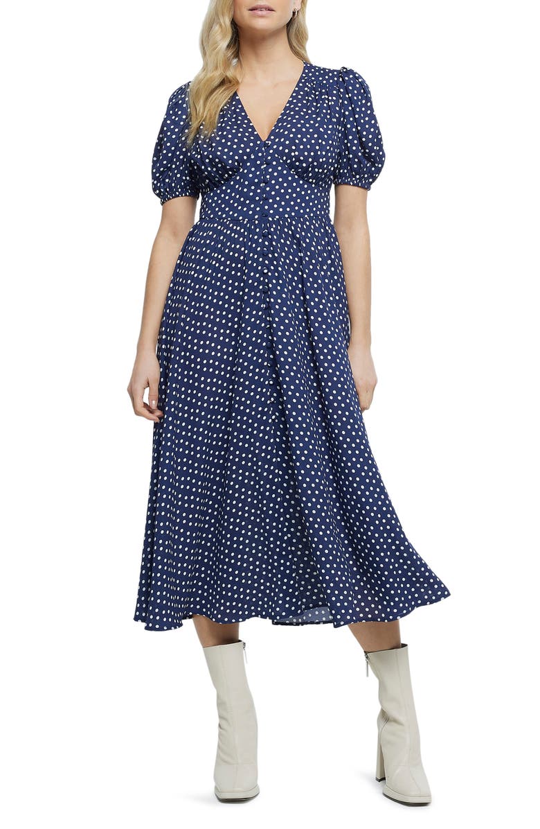 River Island Polka Dot Button Front Midi Dress, Main, color,