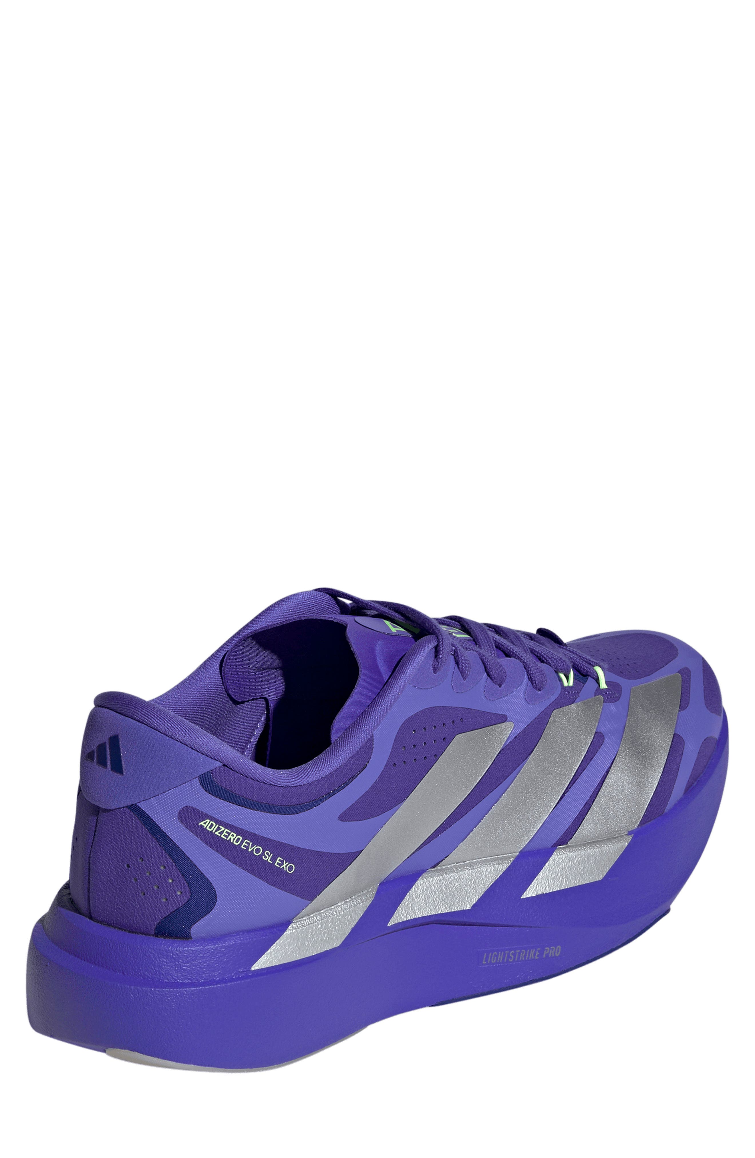 Adizero Evo SL EXO Running Shoe, Alternate, color, SOLAR PURPLE/ SILVER/ PURPLE