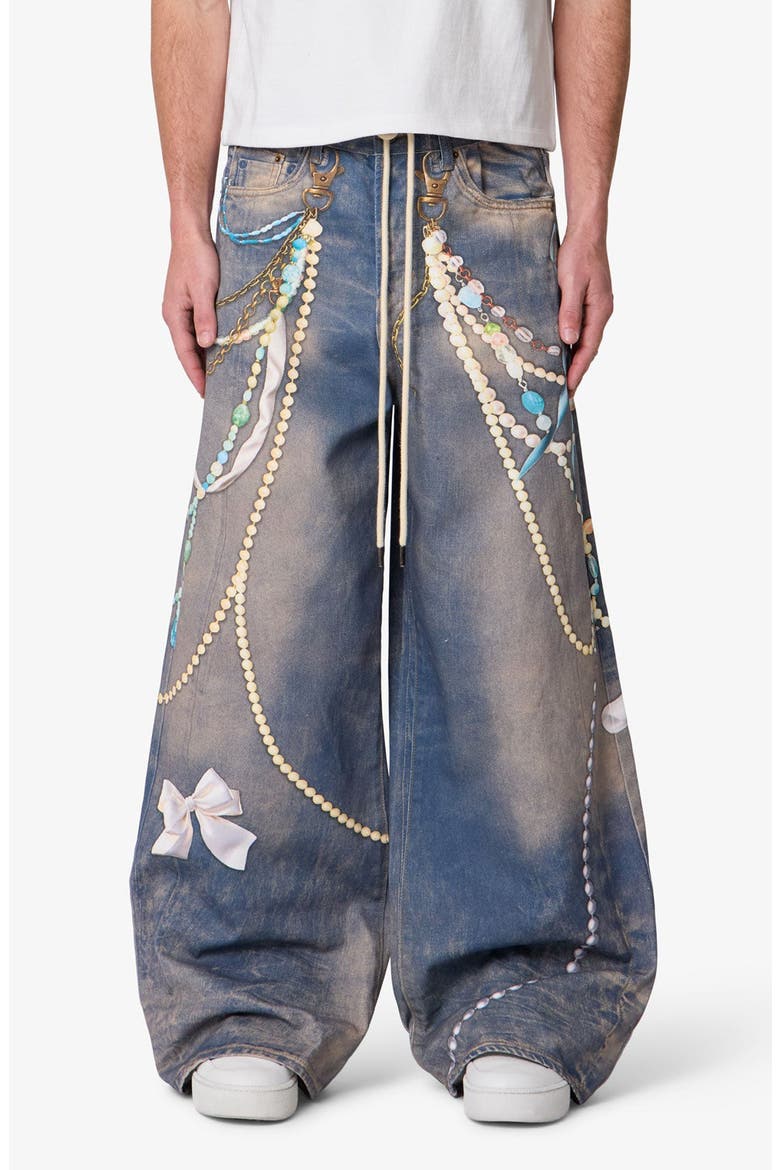 Rave Chain Print Denim Jeans, Main, color, WASHED BLUE