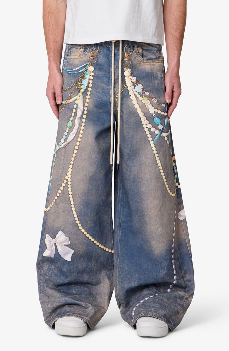 mnml Rave Chain Print Denim Jeans, Main, color, Washed Blue