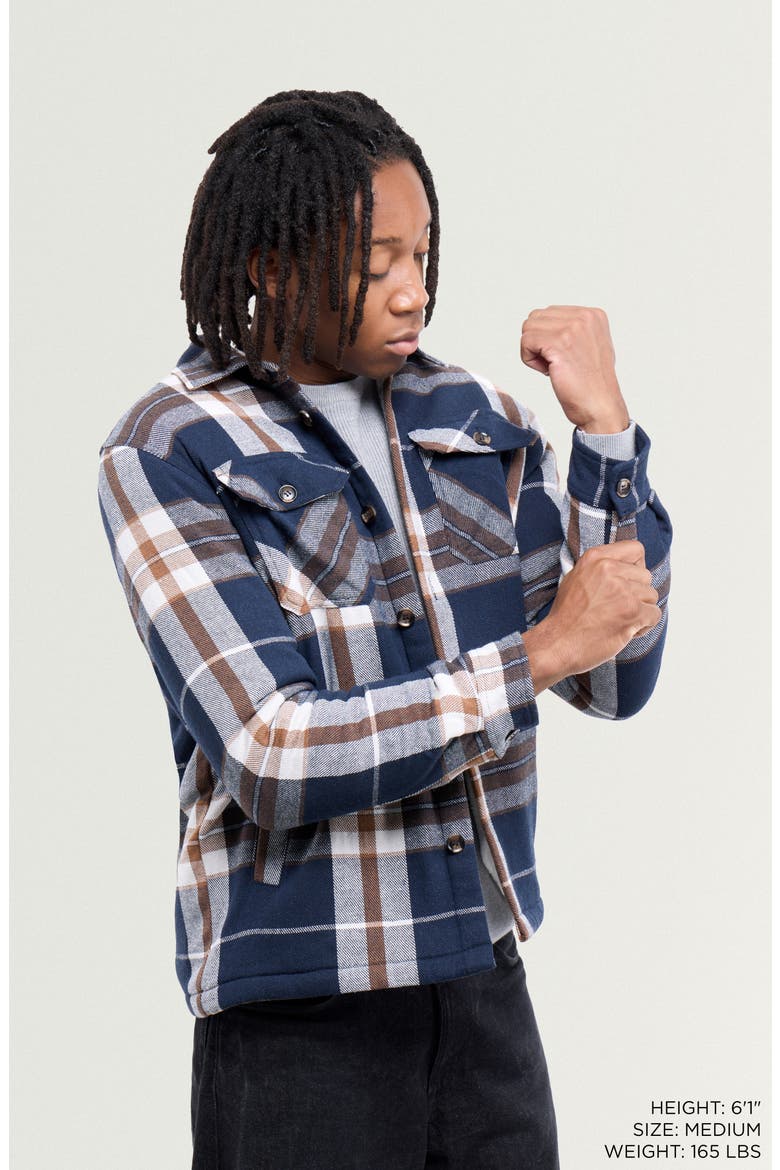 Faux Shearling Lined Flannel Shirt Jacket, Alternate, color, BROWN/ NAVY